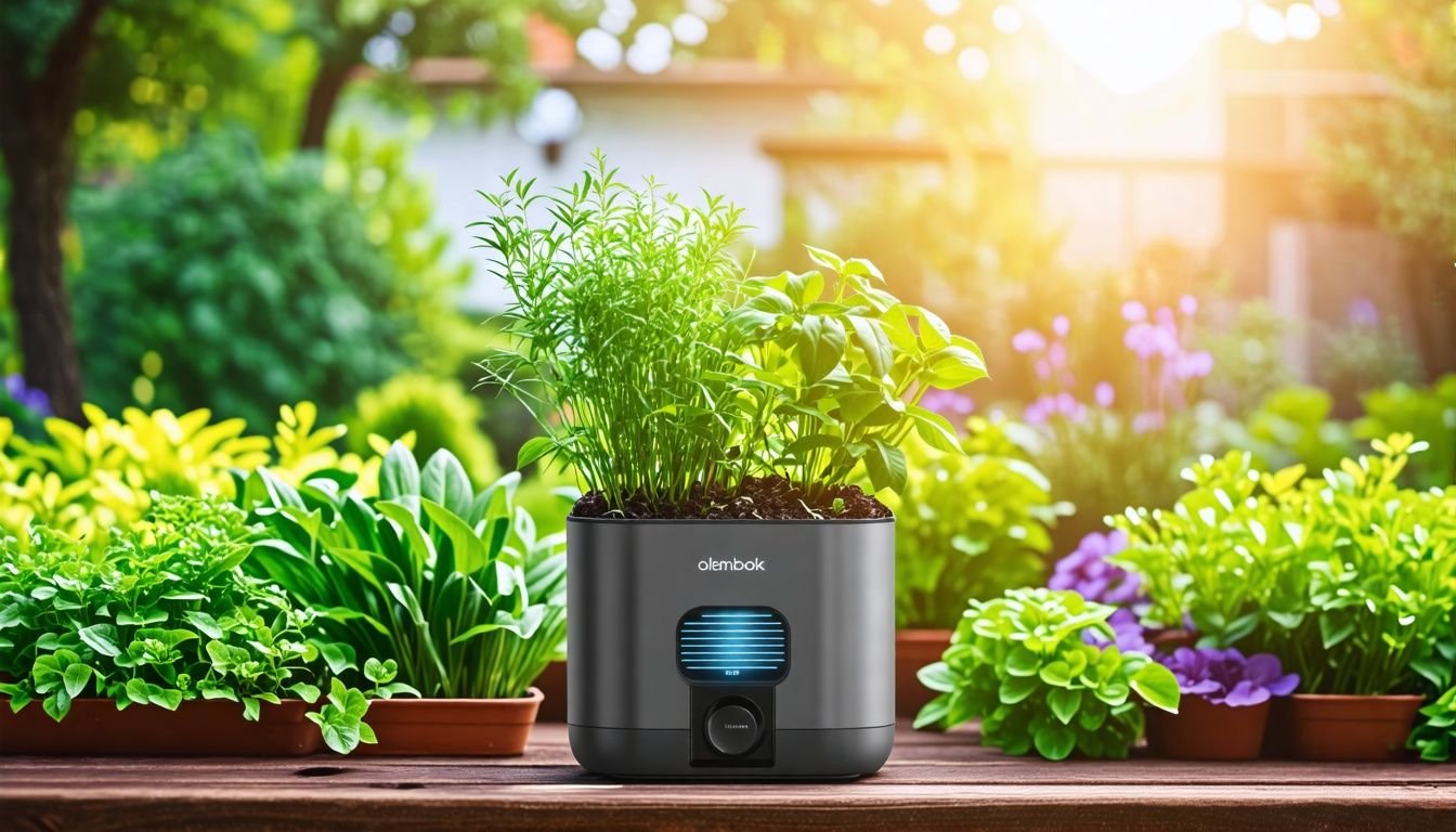 A self-watering pot system in a lush garden with healthy plants.