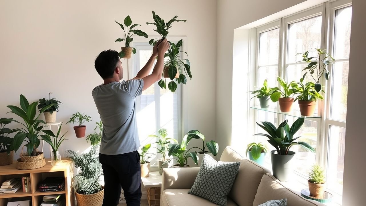 A person in their mid-30s arranging fake plants in a sunny living room.