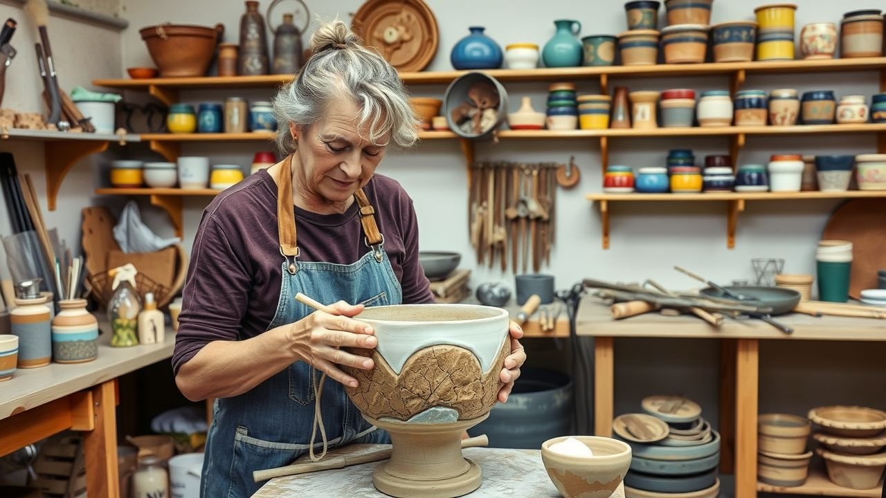 A mid-40s Australian potter crafting handmade ceramic planter in rustic studio.