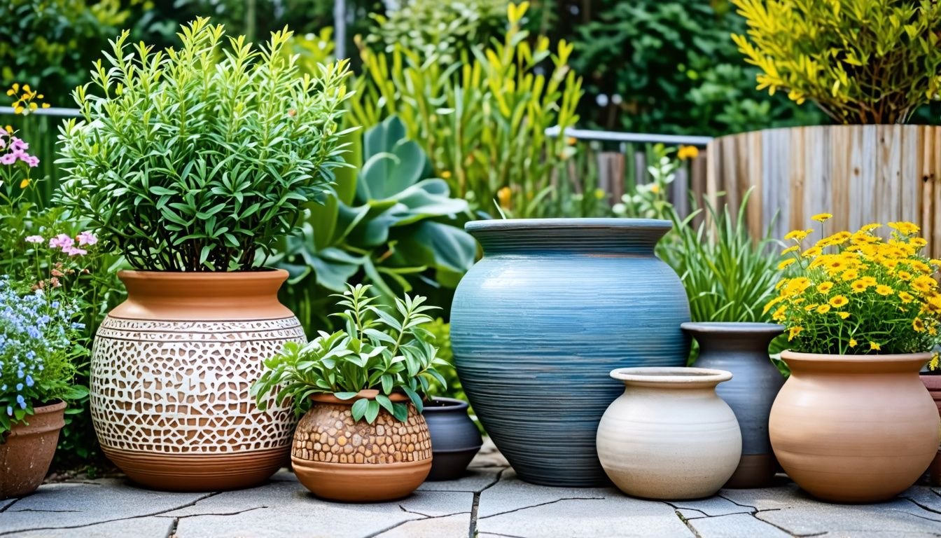 Various ceramic pots in a garden setting for outdoor plant growth.