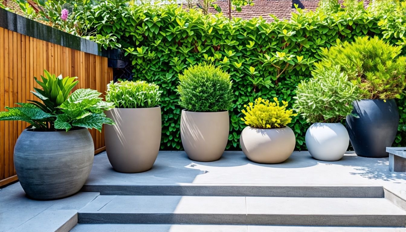 Various outdoor planters in a garden setting showcasing different materials and sizes.