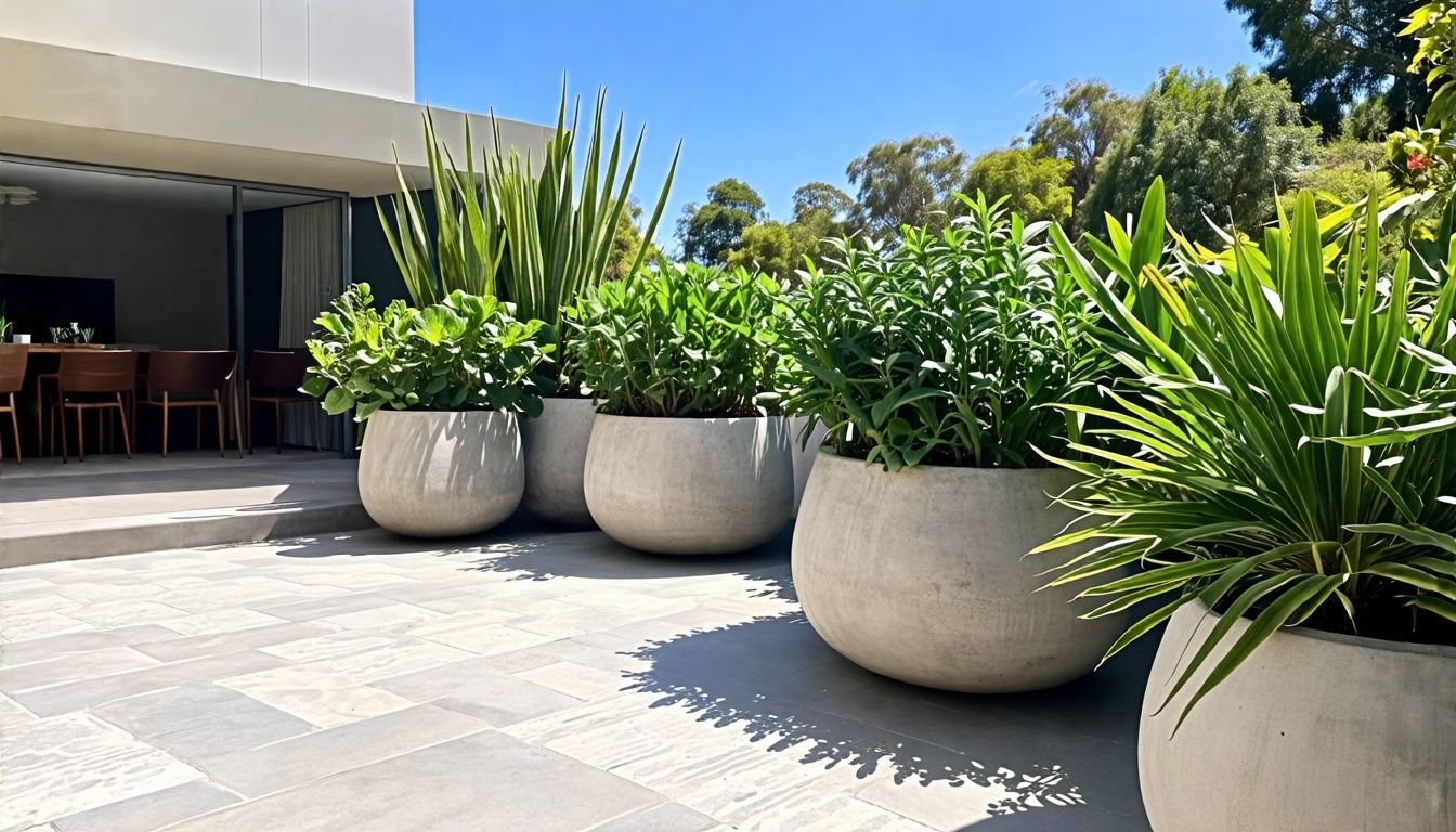 Aussie garden setting with stylish cement pots and diverse plant varieties.