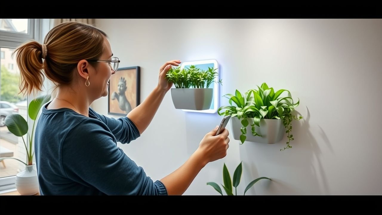 A woman in her mid-30s installing an indoor wall planter in a modern living room.