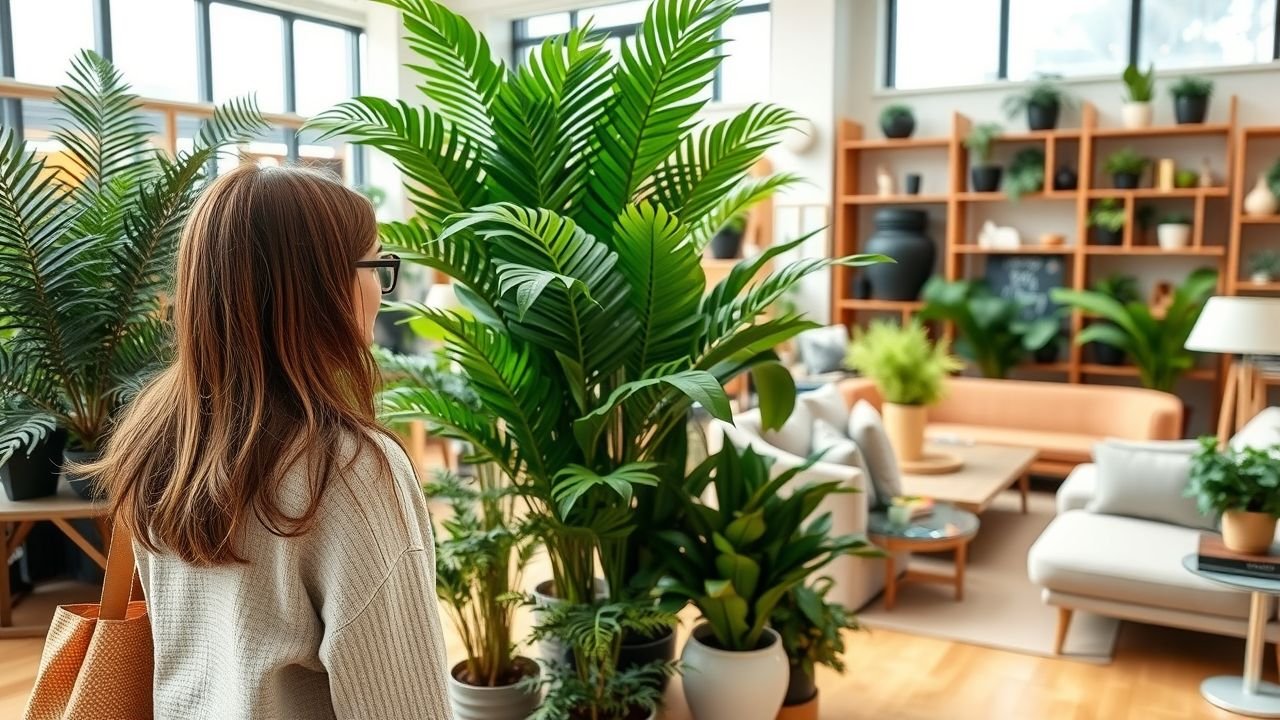 A woman in her 30s admires artificial plants in a Sydney decor store.