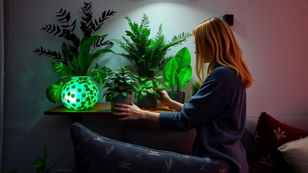 A woman in her 30s arranging faux plants in her cozy living room.