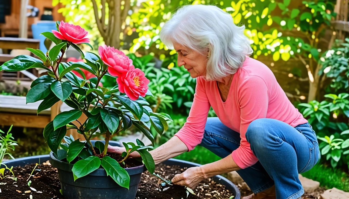 A woman in her 50s tending to a healthy Camellia plant.