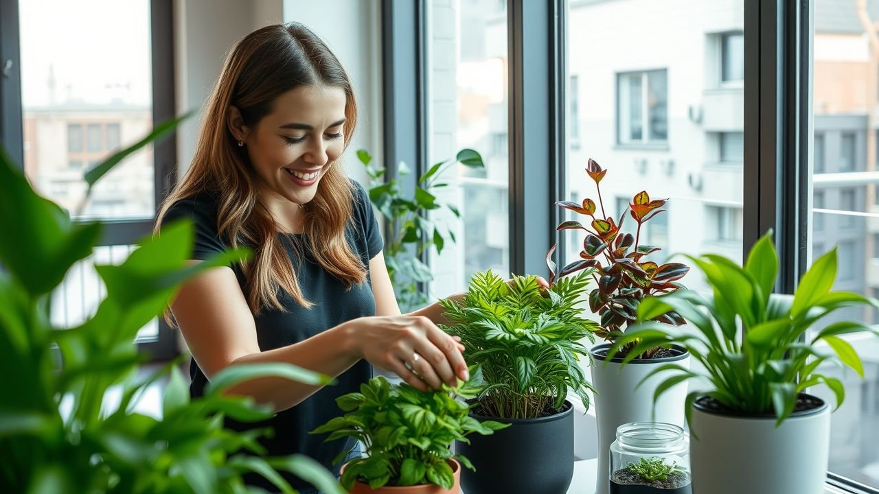 A woman in her 30s tends to indoor plants with self-watering planters.