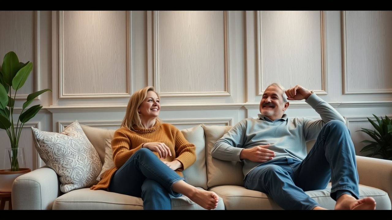 A couple in their 40s enjoying stylish wall panels in their home.