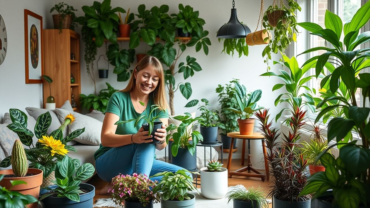 A woman tends to thriving indoor garden with self-watering pots.