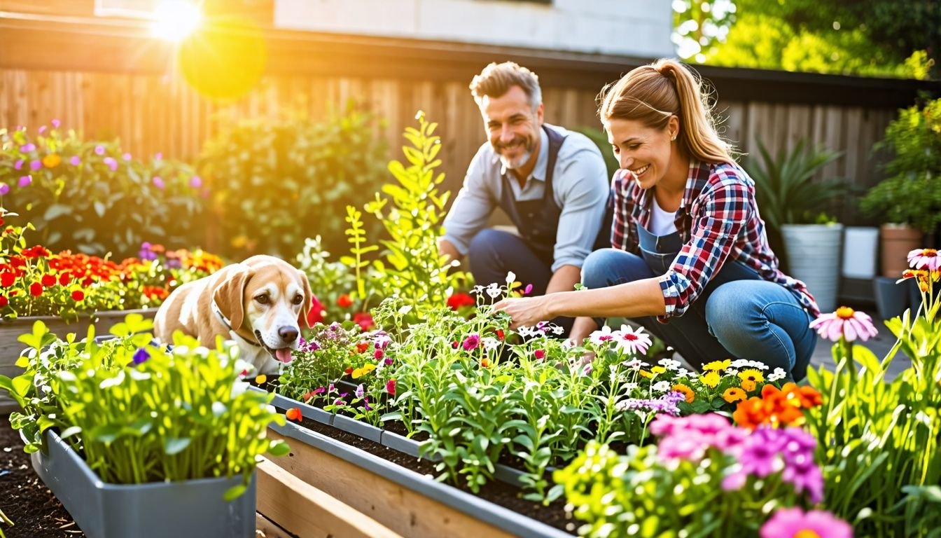 A couple tends a thriving garden with their dog in 2023.