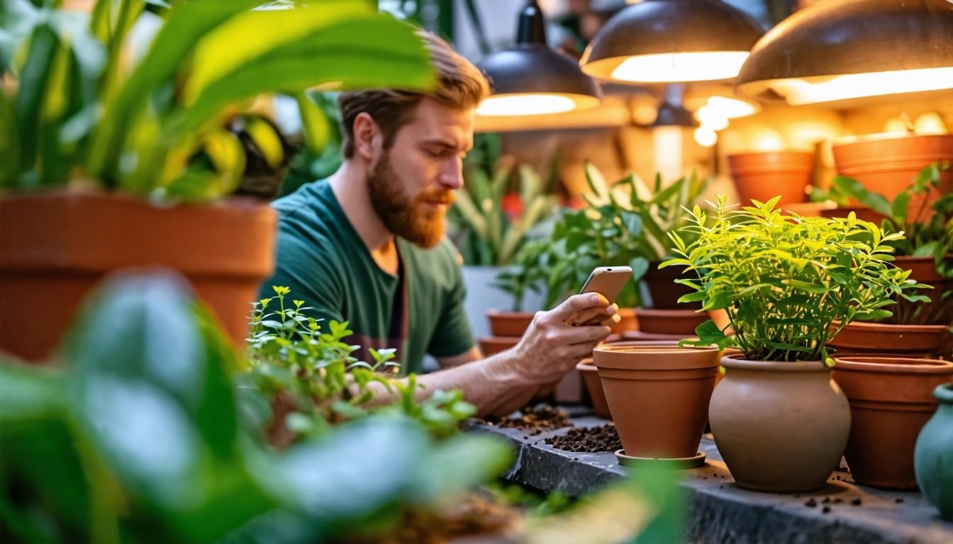 A person selects a ceramic pot at a garden center.