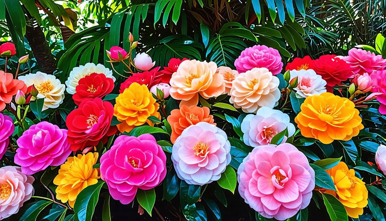 A vibrant garden display of Camellia Paradise varieties in various colours.