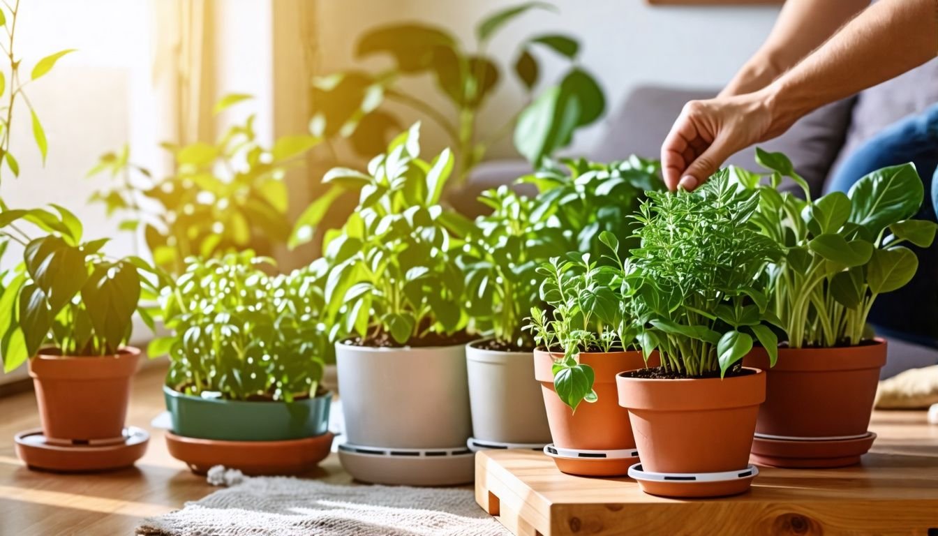 A person in their 30s happily tending to flourishing indoor plants.