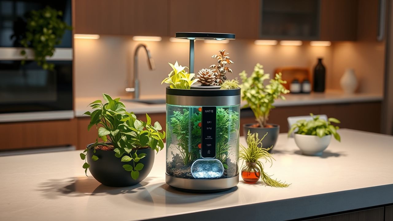 A modern kitchen countertop featuring a self-watering aqua pot with flourishing herbs.