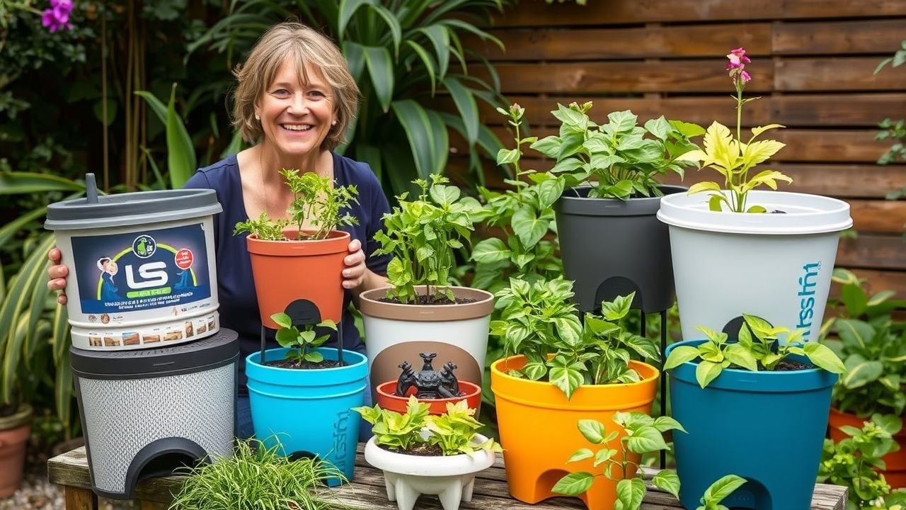 A woman proudly displays self-watering pots in her lush backyard garden.