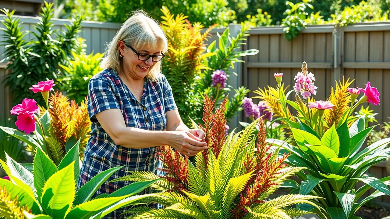 A woman joyfully setting up fake outdoor plants in her backyard.