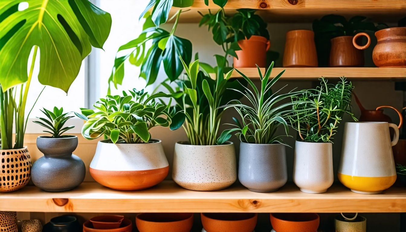 Indoor ceramic pots on wooden shelves in a cozy living room.