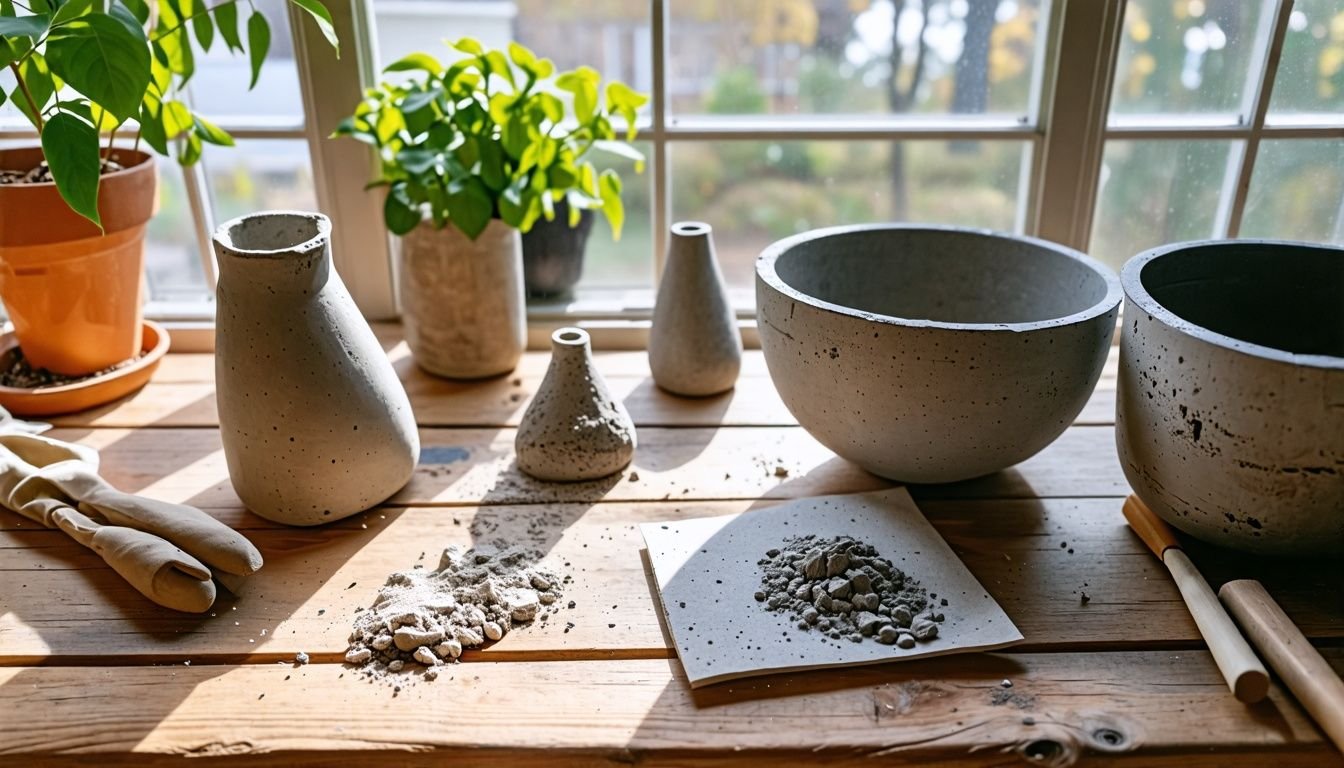 Materials for DIY concrete vase project on rustic wooden table.