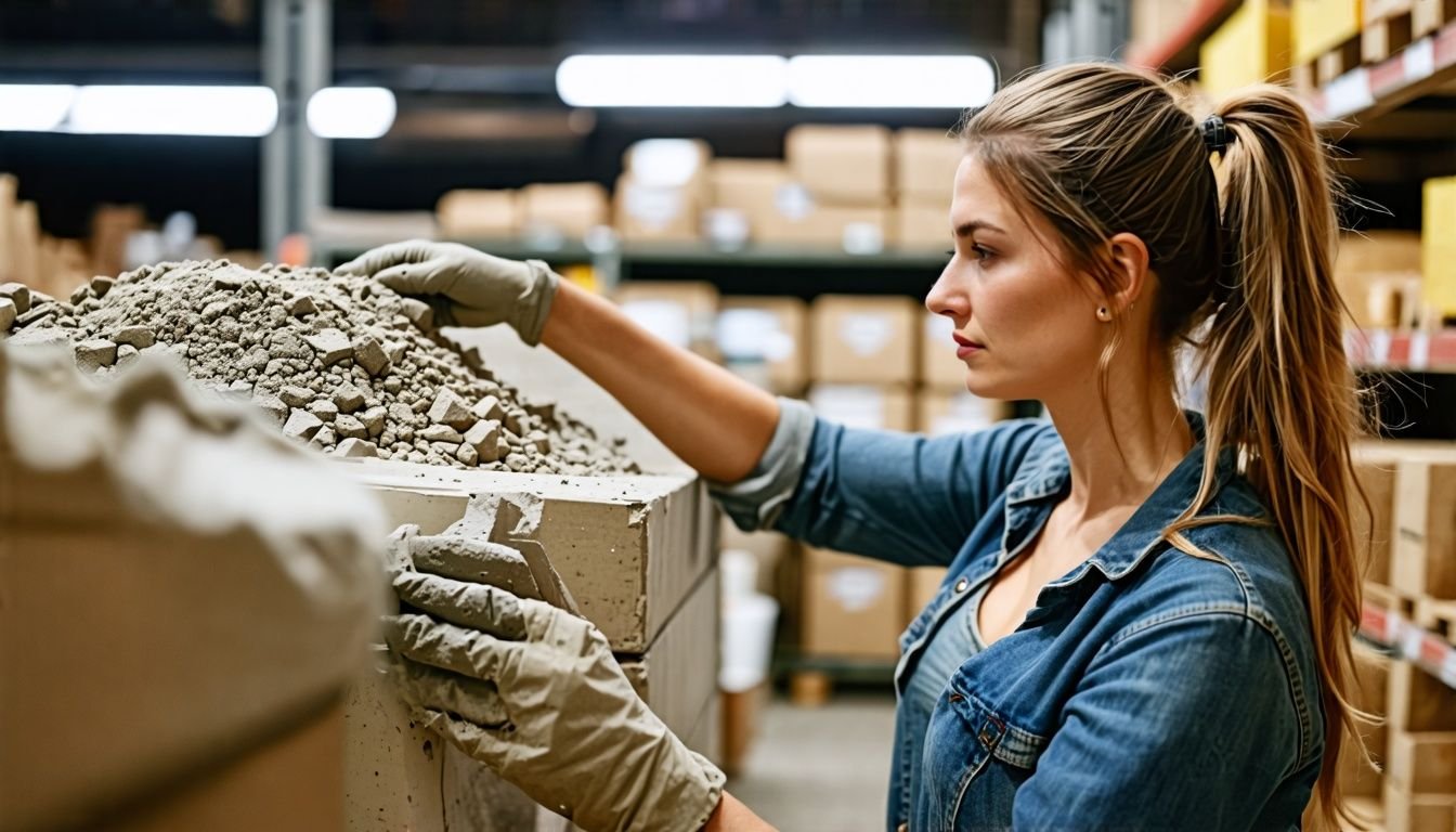 A woman in her 30s choosing supplies for building cement planter boxes.