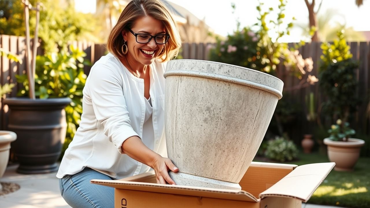 A woman happily unboxes a large concrete pot for her garden.