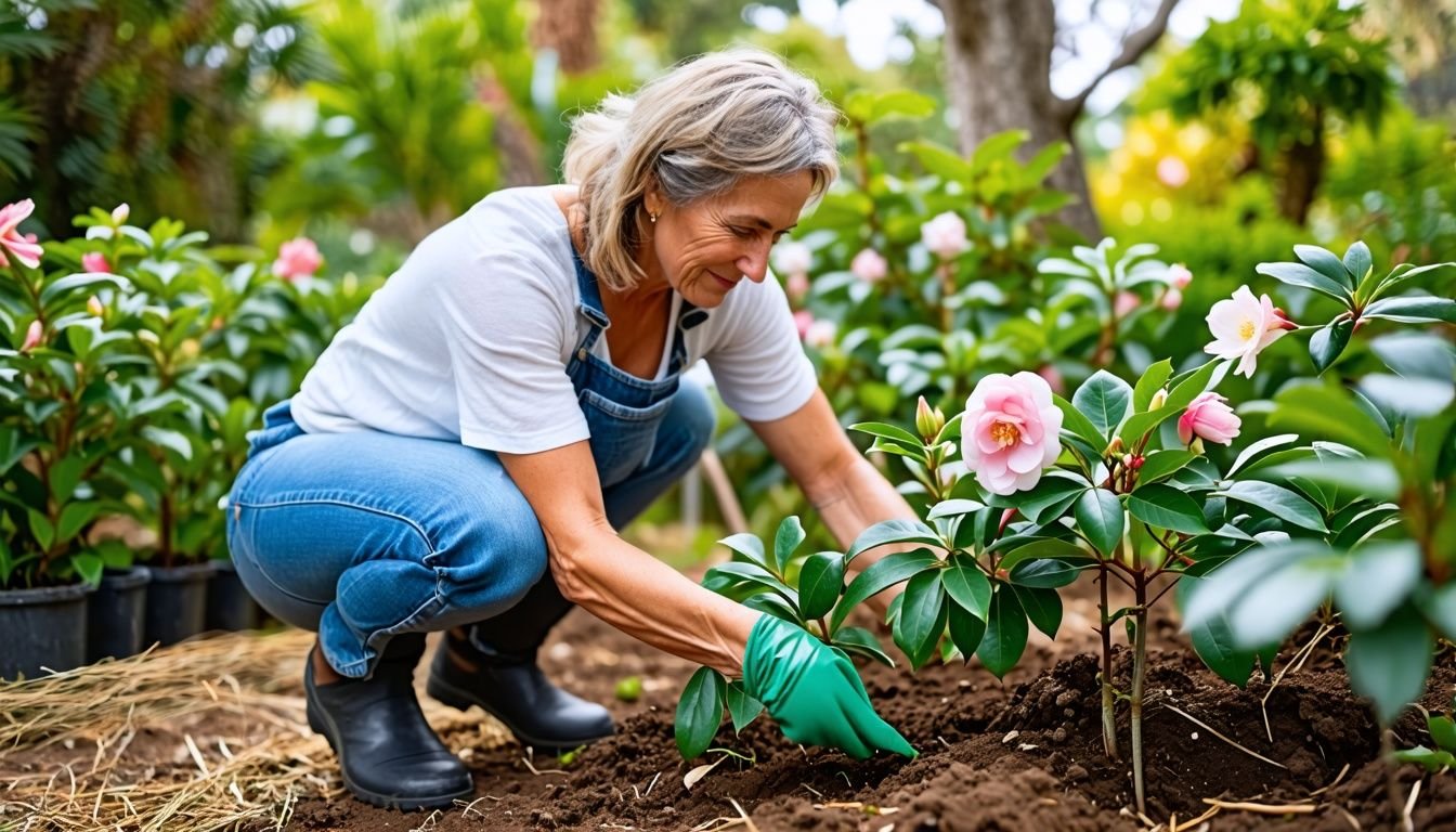 A woman in her late 30s planting small leaf camellias in an Australian garden.