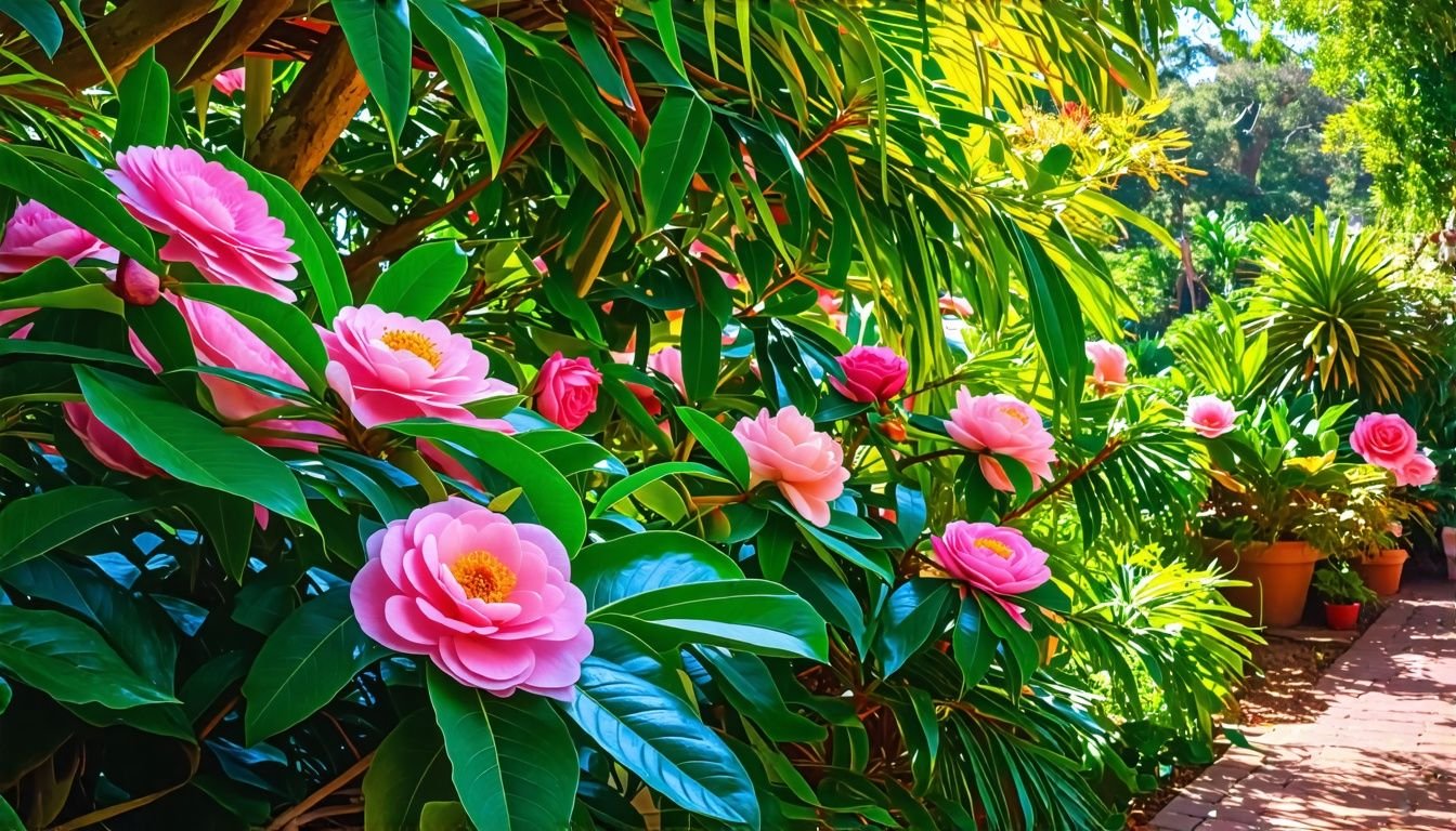 Aussie garden with vibrant Marge Miller Camellia under natural sunlight.