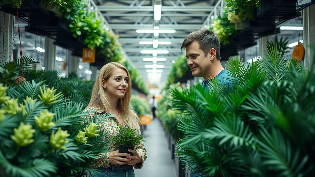 A couple in their 30s browsing wholesale artificial plants at a Sydney market.