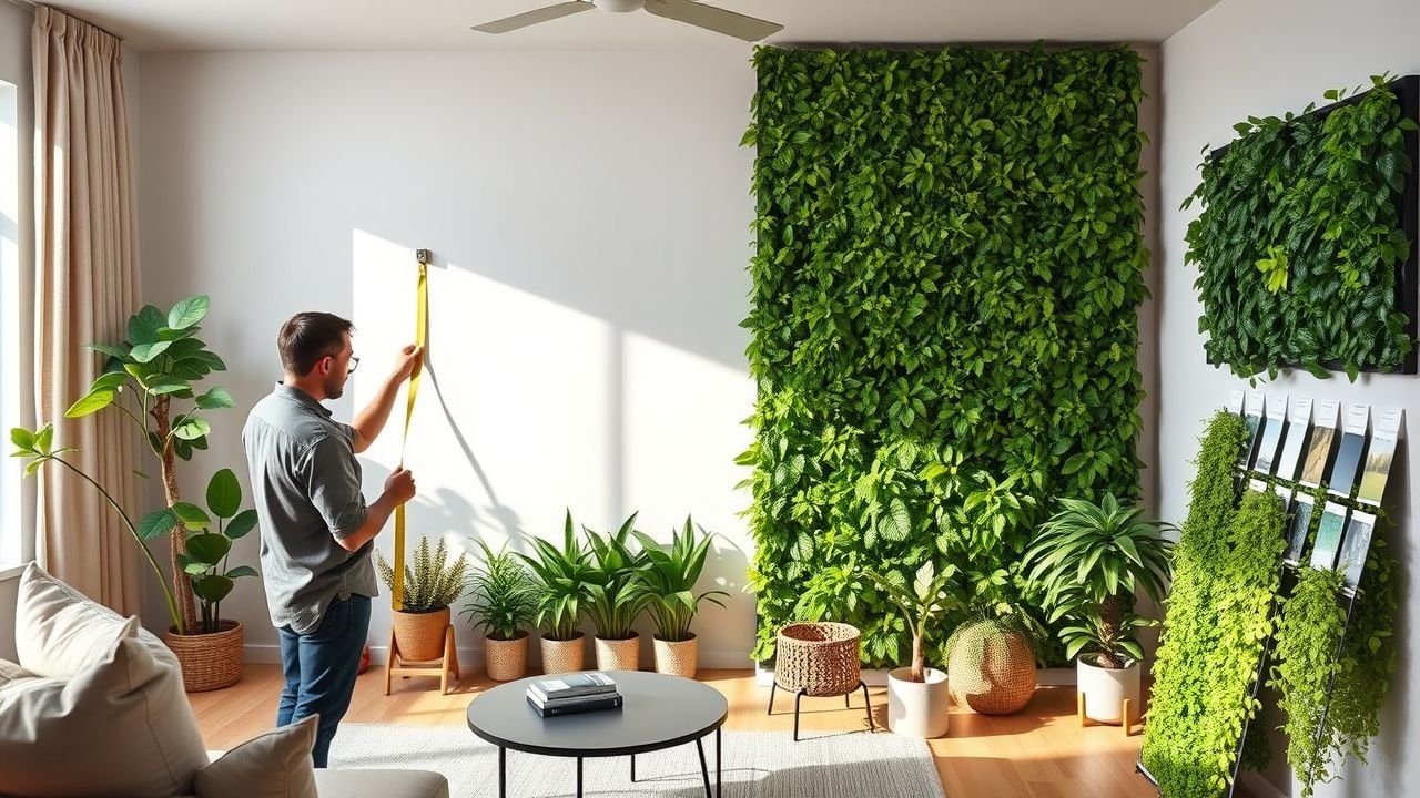 A person in their 30s measures a living room wall for artificial greenery.