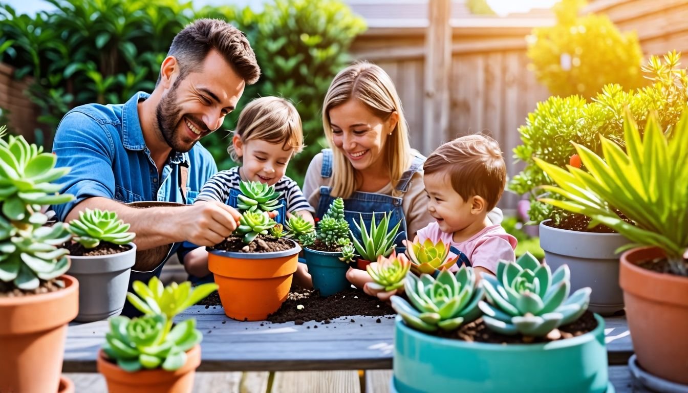 A family plants succulents and native Australian plants in backyard garden.