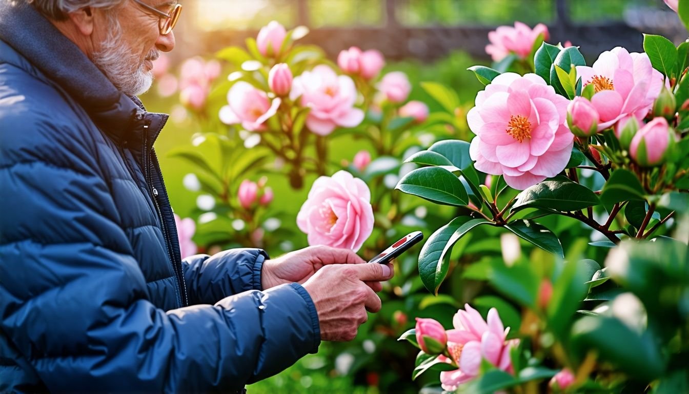 A person in their forties selecting Camellia Early Pearly plants from a garden nursery.