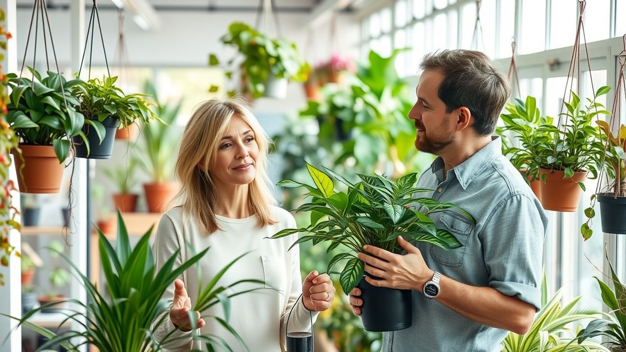 A couple choosing indoor plants at a local nursery in 2023.