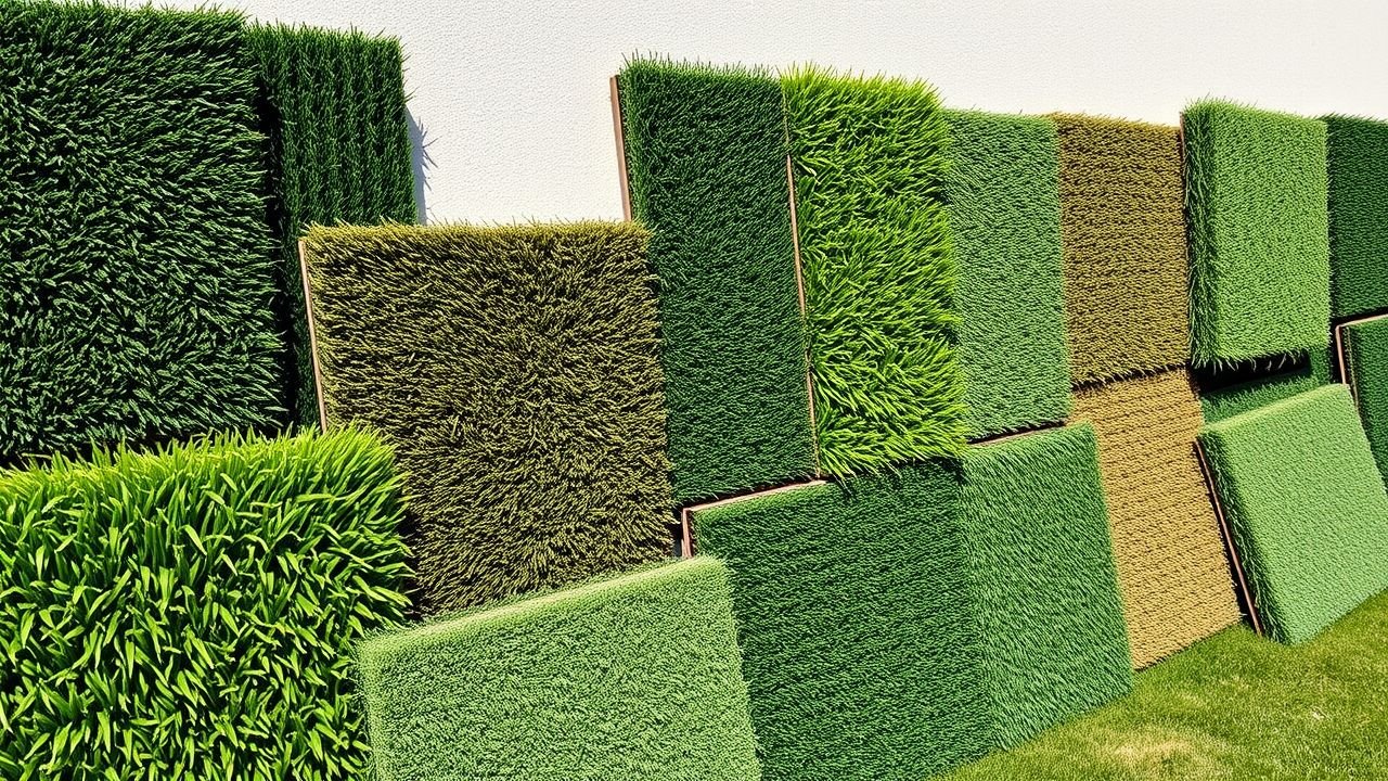 'Display of artificial grass panels for selection in a sunny garden.'