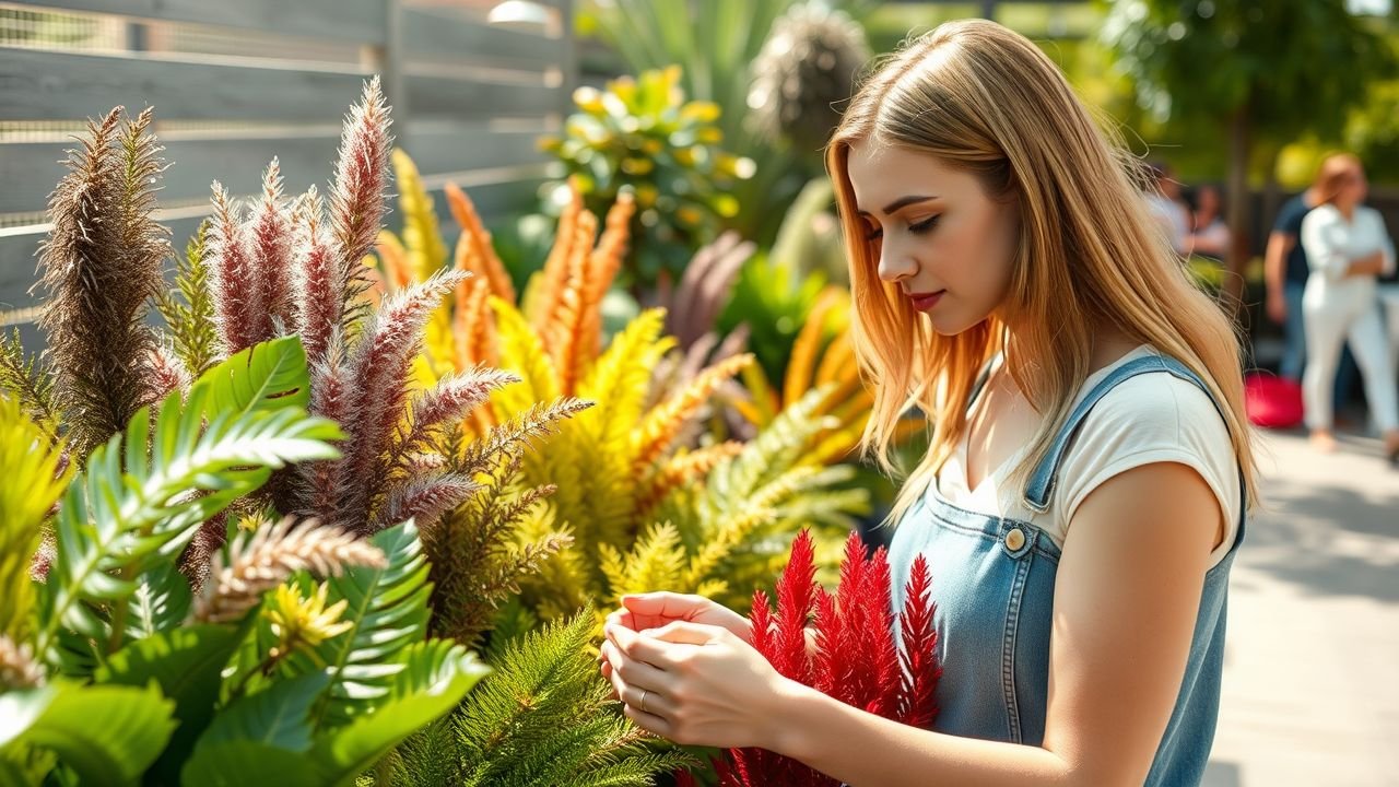 A woman compares artificial plants for UV protection in a garden.