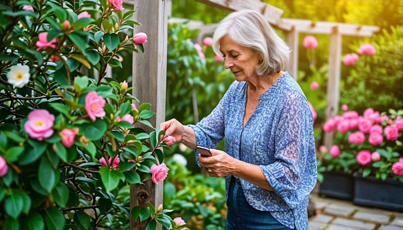 A woman in her 50s choosing camellia varieties for her garden.