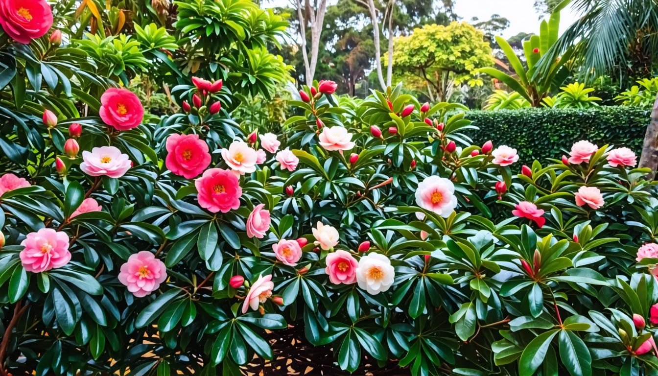 A variety of camellia plants in lush Australian garden.