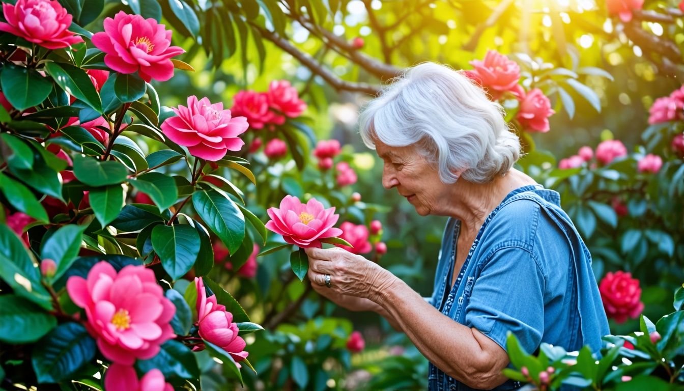 A woman in her 50s inspecting blooming camellia plants in an Australian garden.