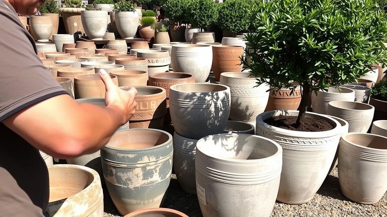 Person choosing large concrete pots for growing trees in garden nursery.