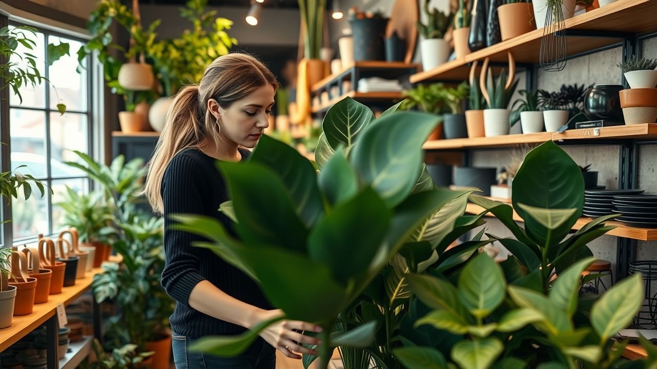 A woman in her 30s selecting large fake plants in a store.