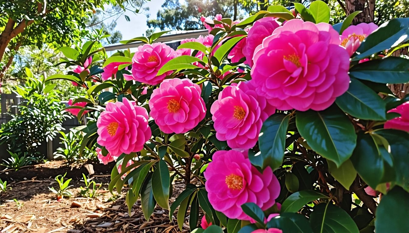 'A pink camellia bush in a shady garden under dappled sunlight.'