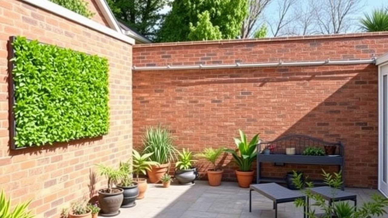 An outdoor artificial green wall adds vibrancy to a sunny courtyard.