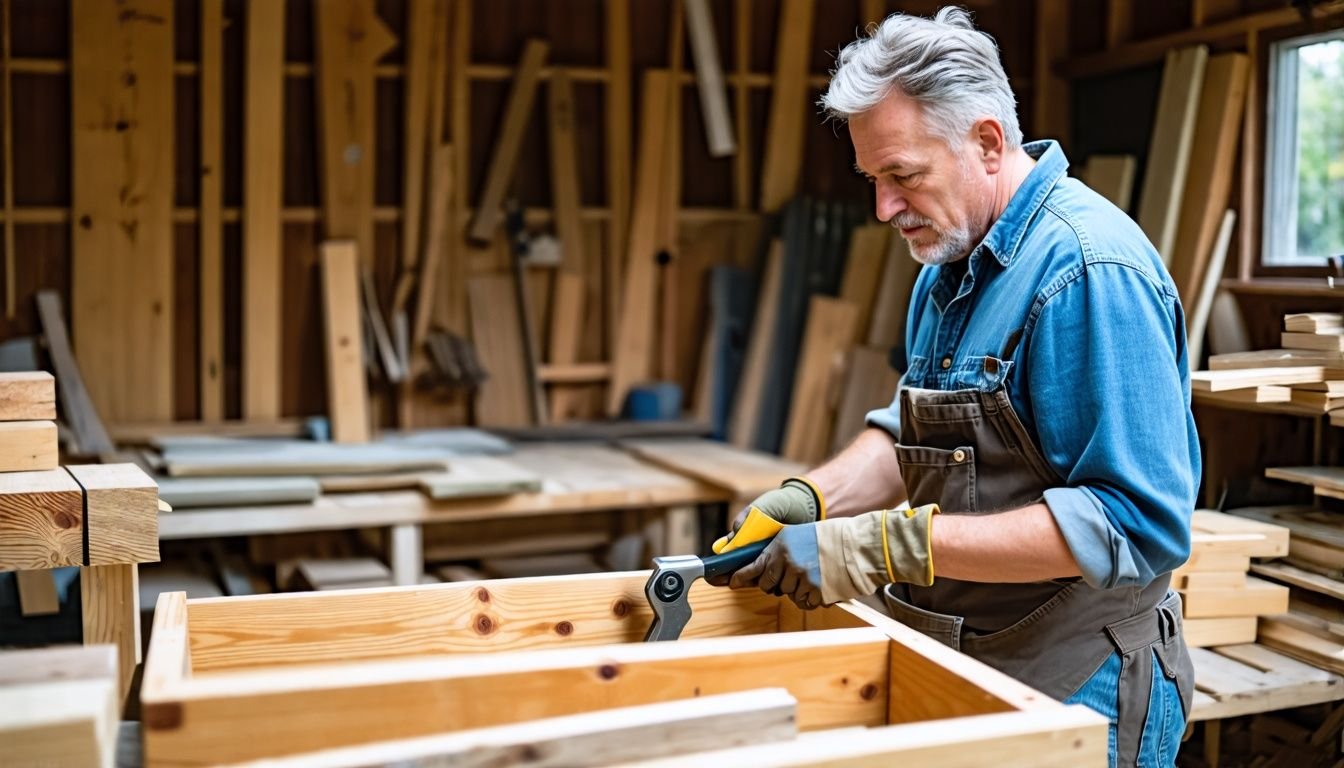 A man selecting timber for planter boxes in his home workshop.