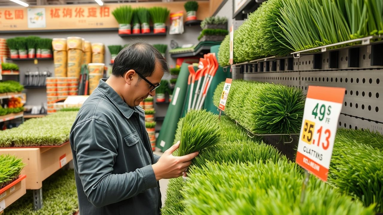 A person comparing artificial turf options at a home improvement store.