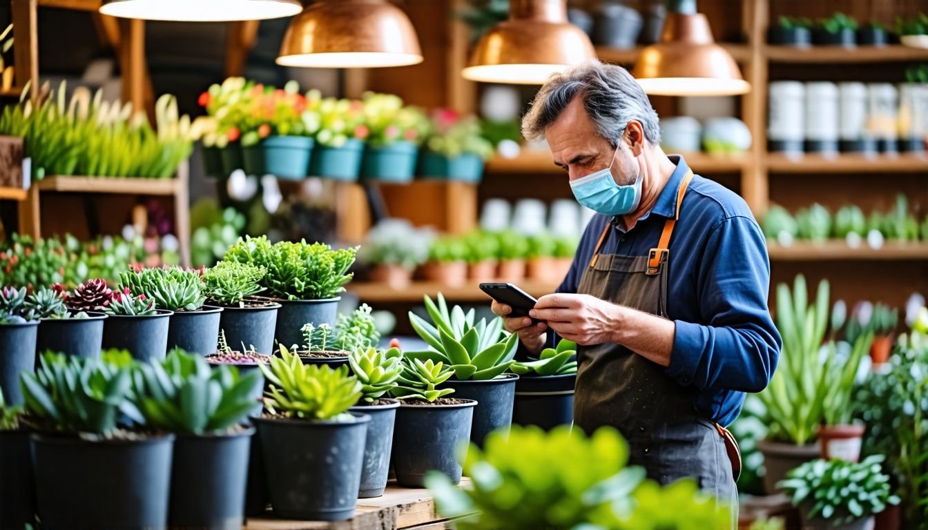 A person in their 40s shopping for metal plant pots in a garden store.