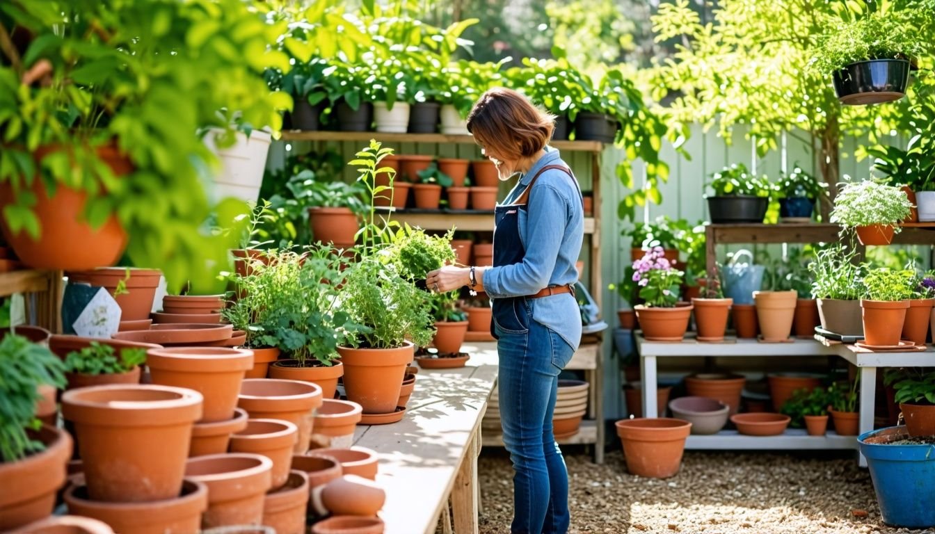 A person in their 30s selecting planters in a garden nursery.