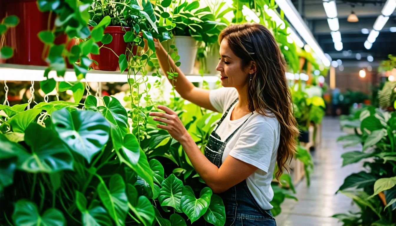 A woman in her 30s carefully selecting plants at a nursery.