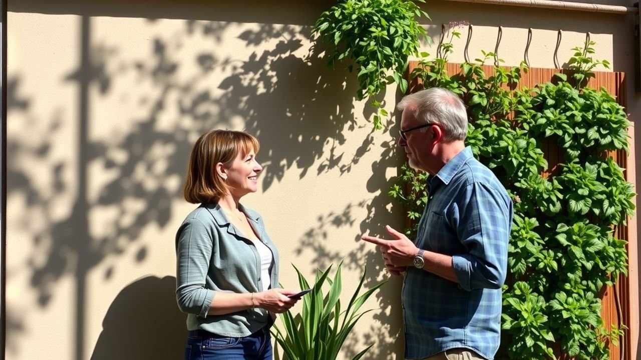 A couple planning a vertical garden on a sunny outdoor wall.