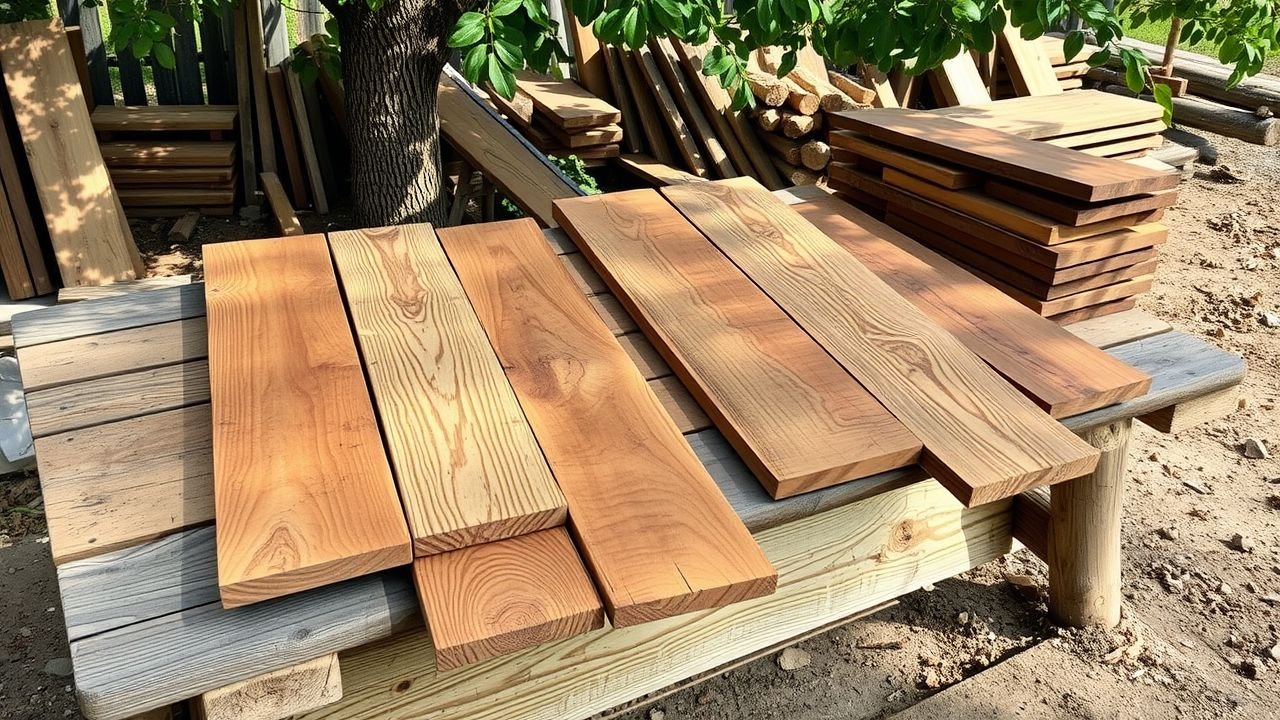 Different timber planks displayed on a rustic workbench.