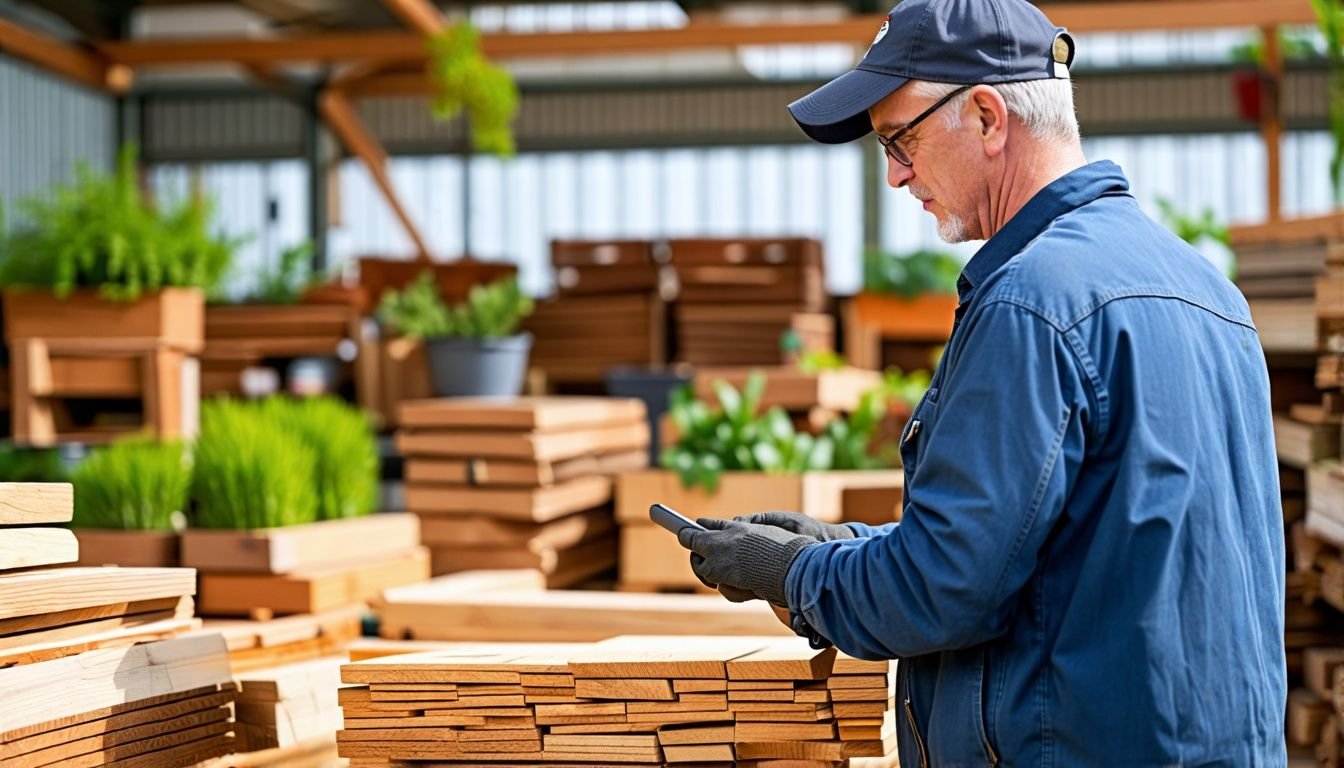 A person in their 40s examining timber at a local yard.