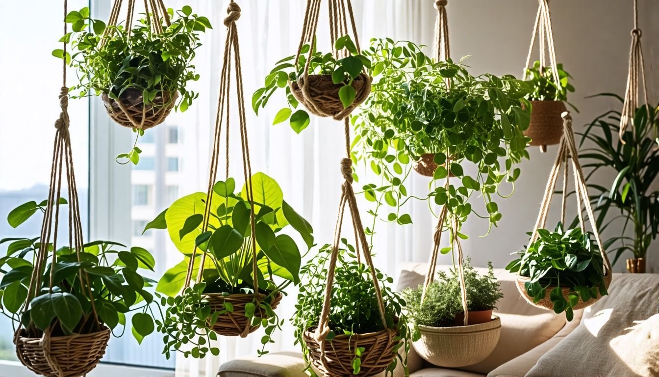 Different indoor hanging planters displayed in a cozy living room.