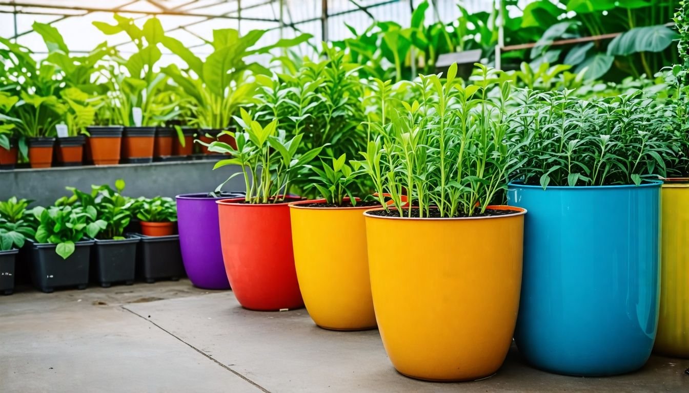 Colorful plastic pots in indoor greenhouse with lush green plants.